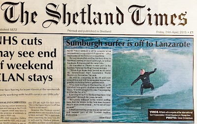 Vince on the front page of the Shetland Times