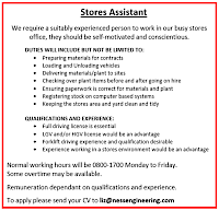 VACANCY - Stores Assistant - UPDATED 28/09/2016