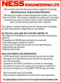 VACANCY - Maintenance Supervisor/Planner - UPDATED 26/10/2016